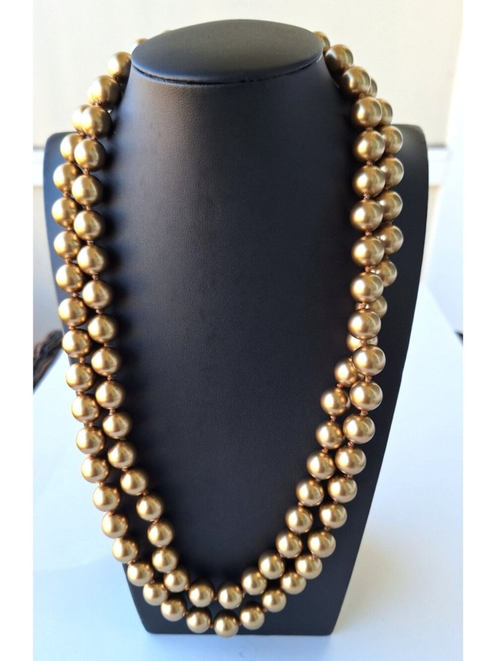 Vintage Monet Flapper Metallic Bronze Gold Faux Pearl Long Opera Necklace Hand K